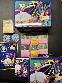 Pokemon TCG 2025 Chest Tin Lunchbox LUCARIO MAWILE LATIOS EMPTY promos x2 & holo - Image 1