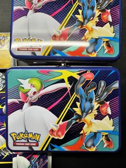 Pokemon TCG 2025 Chest Tin Lunchbox LUCARIO MAWILE LATIOS EMPTY promos x2 & holo - Image 2