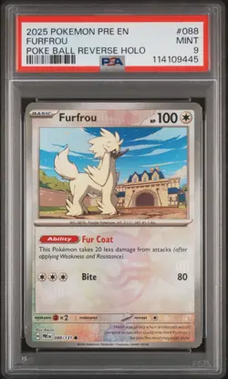 2025 POKEMON PRE EN-PRISMATIC EVOLUTIONS POKE BALL REVERSE HOLO FURFROU PSA 9 - Image 1