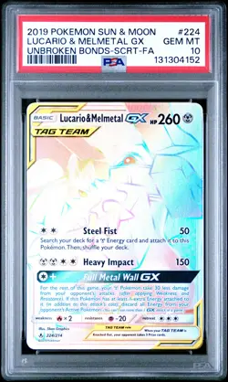 2019 POKEMON SUN & MOON UNBROKEN BONDS FULL ART/LUCARIO & MELMETAL GX PSA 10 - Image 1