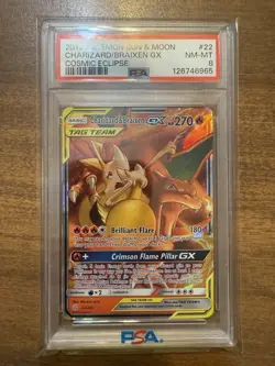 2019 POKEMON SUN & MOON CHARIZARD/BRAIXEN GX COSMIC ECLIPSE PSA 8 NM-MT - Image 1