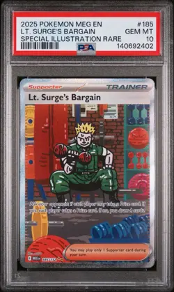 2025 Pokemon Mega Evolution Base #185 SIR Lt. Surge's Bargain Gem Mt PSA 10 - Image 1