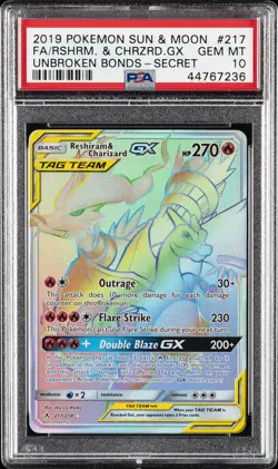 2019 POKEMON SUN & MOON UNBROKEN BONDS FULL ART/RESHIRAM & CHARIZARD GX PSA 10 - Image 1