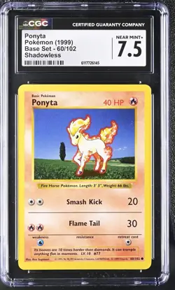Pokemon Card Ponyta 60/102 Shadowless Base Set 1999 CGC 7.5 NM+ - Image 1