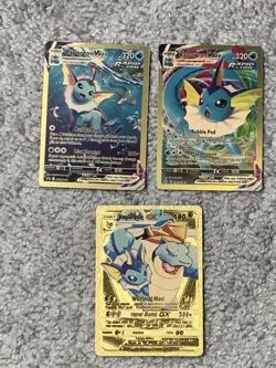 Set of 3 Vaporean GX HP190+Blkstar VMax+VMax Gold Foil Fan Art Display Card NM! - Image 1