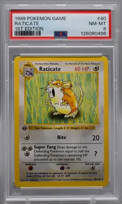 1999 Pokemon Base Set 1st Edition Raticate #40 PSA 8 NM-MT WOTC - Image 1