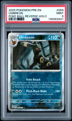 2025 POKEMON PRE EN-PRISMATIC EVOLUTIONS POKE BALL REVERSE HOLO UMBREON PSA 9 - Image 1