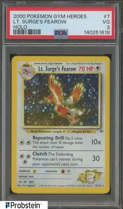 2000 Pokemon Gym Heroes #7 Lt Surge's Fearow Holo w/ Swirl PSA 3 VG - Image 1