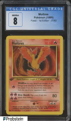 1999 Pokemon Fossil 1st Edition #27 Moltres CGC 8 NM-MT - Image 1