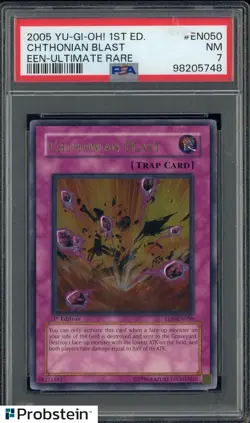 2005 Yu-Gi-Oh! 1st Edition EEN Ultimate Rare #EN050 Chthonian Blast PSA 7 NM - Image 1