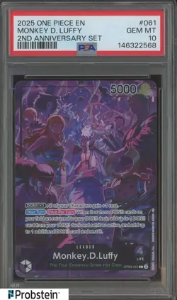 #2 2025 One Piece EN 2nd Anniversary Set #061 Monkey D Luffy PSA 10 GEM MINT - Image 1