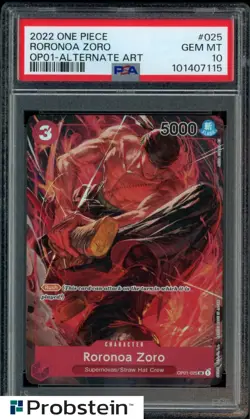 2022 One Piece OP01 Pre-Errata #025 Roronoa Zoro Alternate Art PSA 10 GEM MINT - Image 1