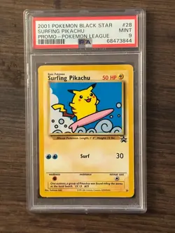 Pokemon League Black Star Surfing Pikachu Promo #28 PSA9 Cert # 68473844 - Image 1