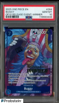 2025 One Piece EN OP10 Release Event Winner #084 Buggy PSA 10 GEM MINT - Image 1