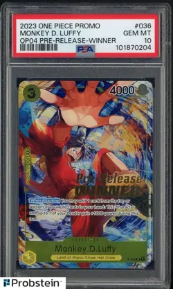 2023 One Piece Promo OP04 Pre-Release Winner #036 Monkey D. Luffy PSA 10 - Image 1