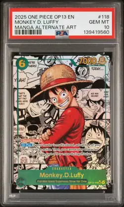 2025 One Piece Monkey D. Luffy Manga Alt Art #OP13-118 PSA 10 GEM MINT - Image 1