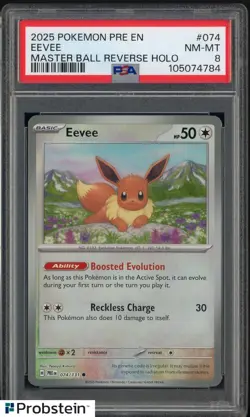2025 Pokemon PRE EN Masterball Reverse Holo #074 Eevee PSA 8 NM-MT - Image 1