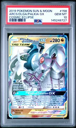 2019 POKEMON SUN & MOON COSMIC ECLIPSE #156 ARCEUS & DIALGA & PALKIA GX PSA 10 - Image 1