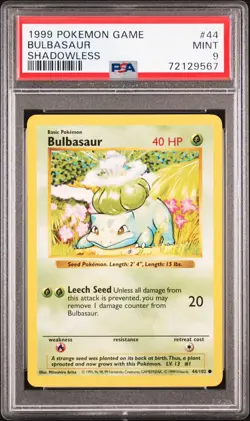 1999 Pokemon Game Bulbasaur #44 Base Set Shadowless PSA 9 - Image 1