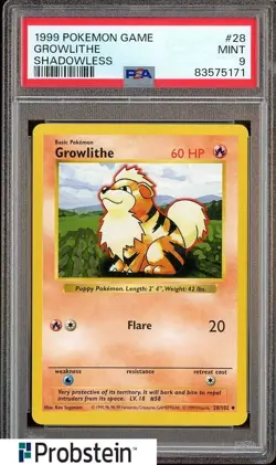 1999 Pokemon Game Shadowless #28 Growlithe PSA 9 MINT - Image 1