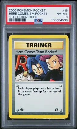 2000 POKEMON ROCKET 1ST ED #15 HERE COMES TEAM ROCKET!-HOLO PSA 8 - Image 1