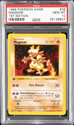 1999 POKEMON BASE SET 1ST EDITION #36 MAGMAR PSA 10 - Image 1