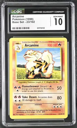CGC 10 GEM MINT Arcanine 1999 Base Set 23/102 Pokemon Card - Image 1