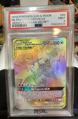 Hidden Fates Moltres Zapdos Articuno GX 69/68 Secret Rare Pokemon- PSA 9 - Image 1