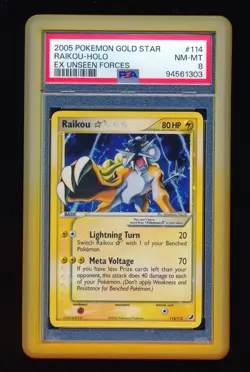 2005 POKEMON EX UNSEEN FORCES GOLD STAR #114 RAIKOU-HOLO PSA 8 - Image 1