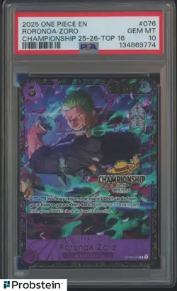 2025 One Piece OP09-076 Roronoa Zoro Top 16 Regional Championship Card PSA 10 - Image 1