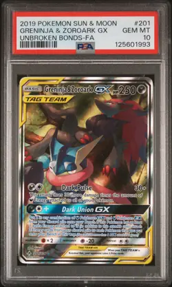 2019 POKEMON SUN & MOON UNBROKEN BONDS FULL ART/GRENINJA & ZOROARK GX PSA 10 - Image 1