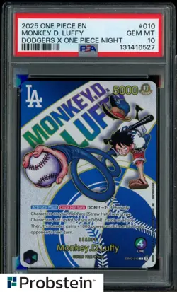 2025 One Piece En Dodgers X One Piece Night #010 Monkey D. Luffy PSA 10 GEM MINT - Image 1