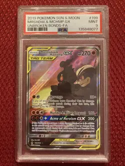 2019 Pokemon Sun & Moon Marshadow Machamp GX Unbroken Bonds -FA #199 PSA 9 MINT - Image 1