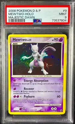 Mewtwo 9/100 Majestic Dawn Holo Pokemon 2008 Hand Swirl PSA 9 - Image 1
