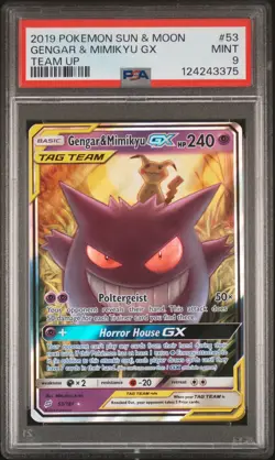 2019 POKEMON SUN & MOON TEAM UP #53 GENGAR & MIMIKYU GX PSA 9 - Image 1