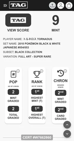 Pokemon Tornadus Black Collection 054/053 Full Art Super Rare Japanese TAG 9 - Image 3