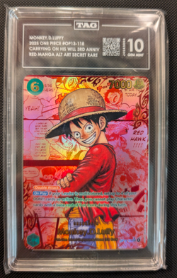 2025 ONE PIECE RED MANGA ALT ART OP13-118 MONKEY D LUFFY TAG 10 RANK 1 - Image 1