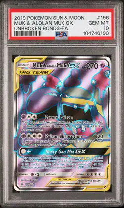 2019 POKEMON SUN & MOON UNBROKEN BONDS #196 FULL ART/MUK & ALOLAN MUK GX PSA 10 - Image 1
