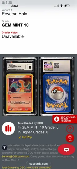 Pokemon Charizard 6/108 Reverse Holo EX Power Keepers 2007 CGC GEM 10 POP 6‼ - Image 3