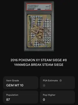 PSA 10 2016 POKEMON XY STEAM SIEGE #8 YANMEGA BREAK • POP 87 - Image 2