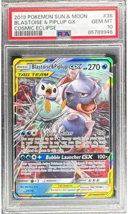 2019 POKEMON SUN & MOON COSMIC ECLIPSE BLASTOISE PIPLUP TAG TEAM #38/236 PSA 10 - Image 1