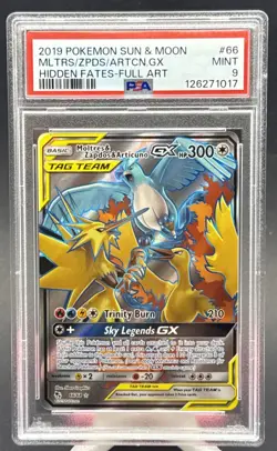 2019 Pokemon Sun & Moon Hidden Fates #66 FA Moltres & Zapdos & Articuno GX PSA 9 - Image 1
