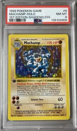 1999 Pokemon TCG Machamp SHADOWLESS 8/102 Holo 1st Edition PSA 8 NM-MT Graded - Image 1