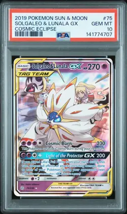 2019 POKEMON SUN & MOON COSMIC ECLIPSE #75 SOLGALEO & LUNALA GX PSA 10 - Image 1