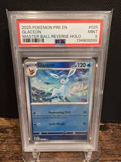 PSA 9 2025 POKEMON PRISMATIC EVOLUTIONS | MASTER BALL REVERSE HOLO GLACEON 025 - Image 1