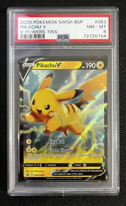 2020 Pokemon V Power Tins #063 Pikachu V PSA 8 - Image 1