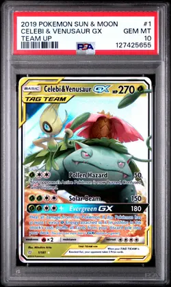 Pokemon CELEBI & VENUSAUR GX 1/181 PSA 10 Gem Mint | Team Up | 2019 - Image 1