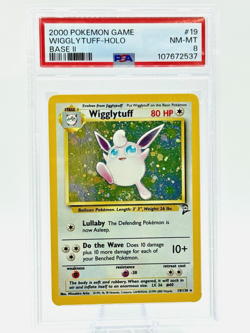 🌟VINTAGE SWIRL HOLO🌟Pokemon TCG 2000 Base Set 2 WIGGLYTUFF 19/130 PSA 8 NM-MT - Image 1