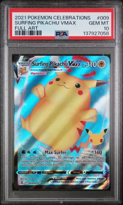 2021 POKEMON CELEBRATIONS #009 FULL ART/SURFING PIKACHU VMAX PSA 10 - Image 1