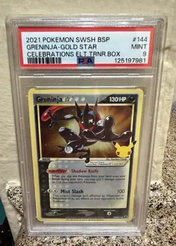 Pokemon Greninja Gold Star Celebrations ETB Black Star Holo Promo SWSH144 PSA 9 - Image 1